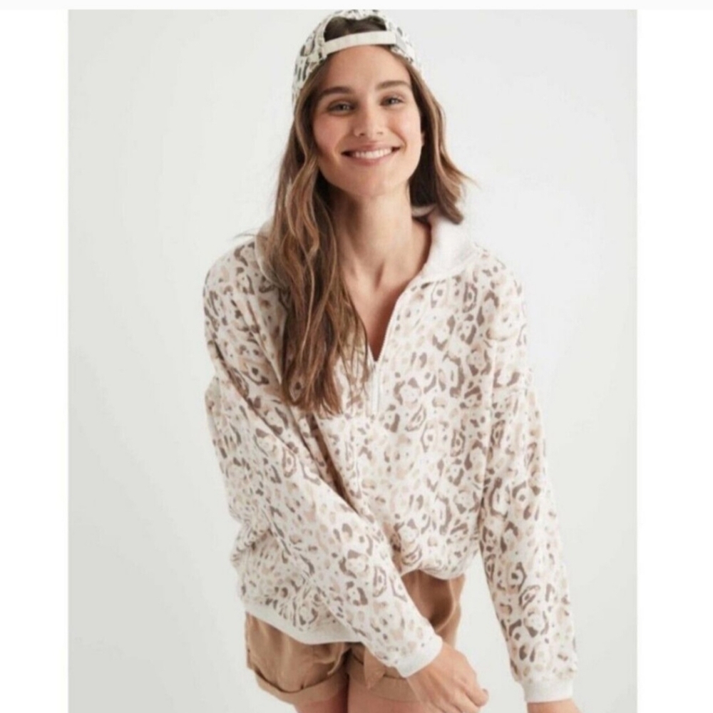 AERIE Good Vibes Pullover Leopard Animal Print Zip Sweatshirt ** XS ** EUC !!